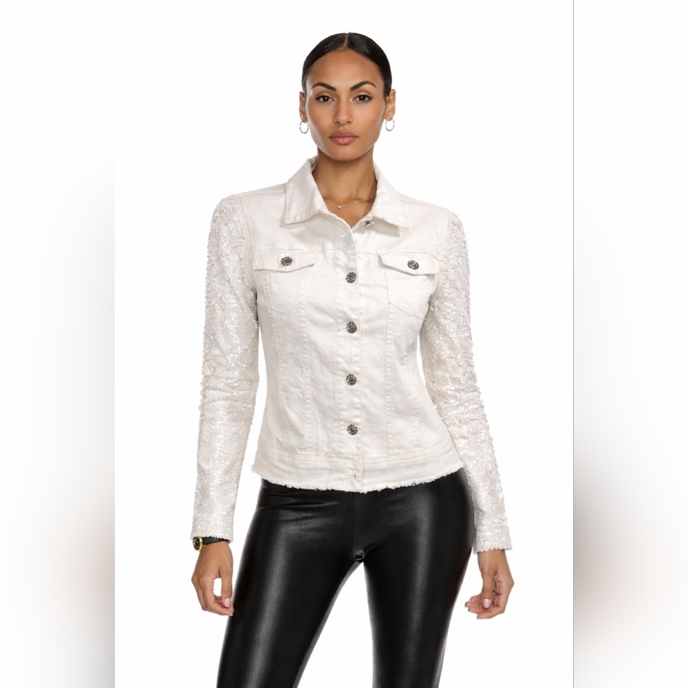 Generation Love White Sequin Sleeve Jean Jacket Size M